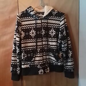 Super soft kid's zipfleece blk & white Nordic pattern, fleece lined hood Size L